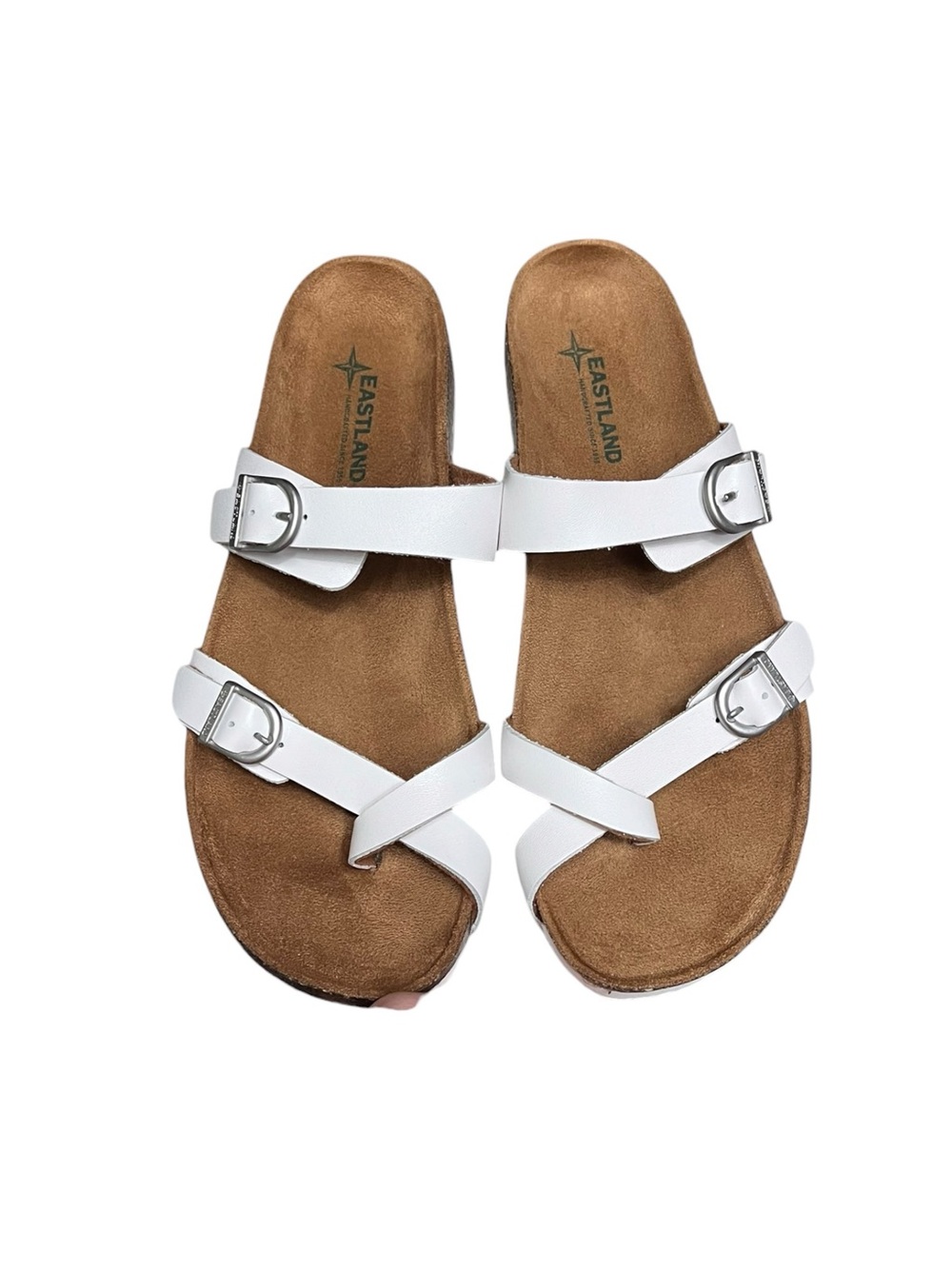 🌻NEW NWOT Eastland Tiogo Sandals White Leather Cork Footbed Double Strap 10